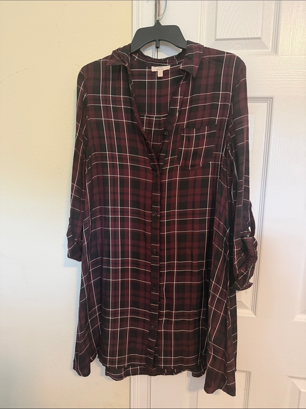 Como Vintage Burgundy Plaid Long-Sleeve Shirt Dress
